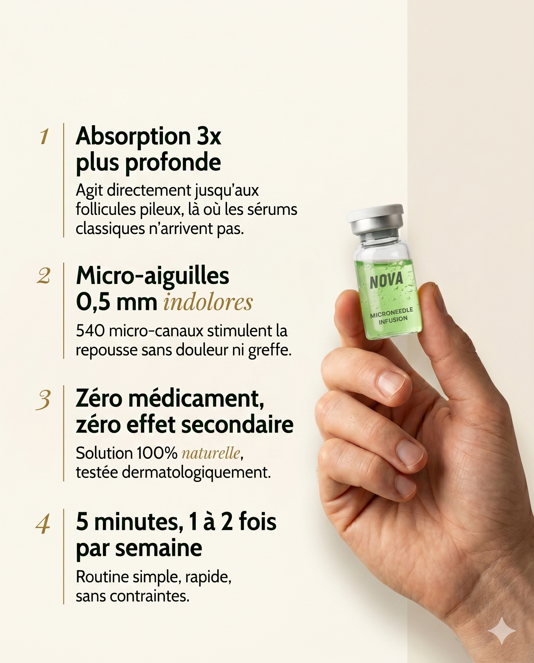 Les bénéfices d'AlphaInfuse Nova Infuse — absorption profonde, micro-aiguilles indolores, zéro médicament, routine simple